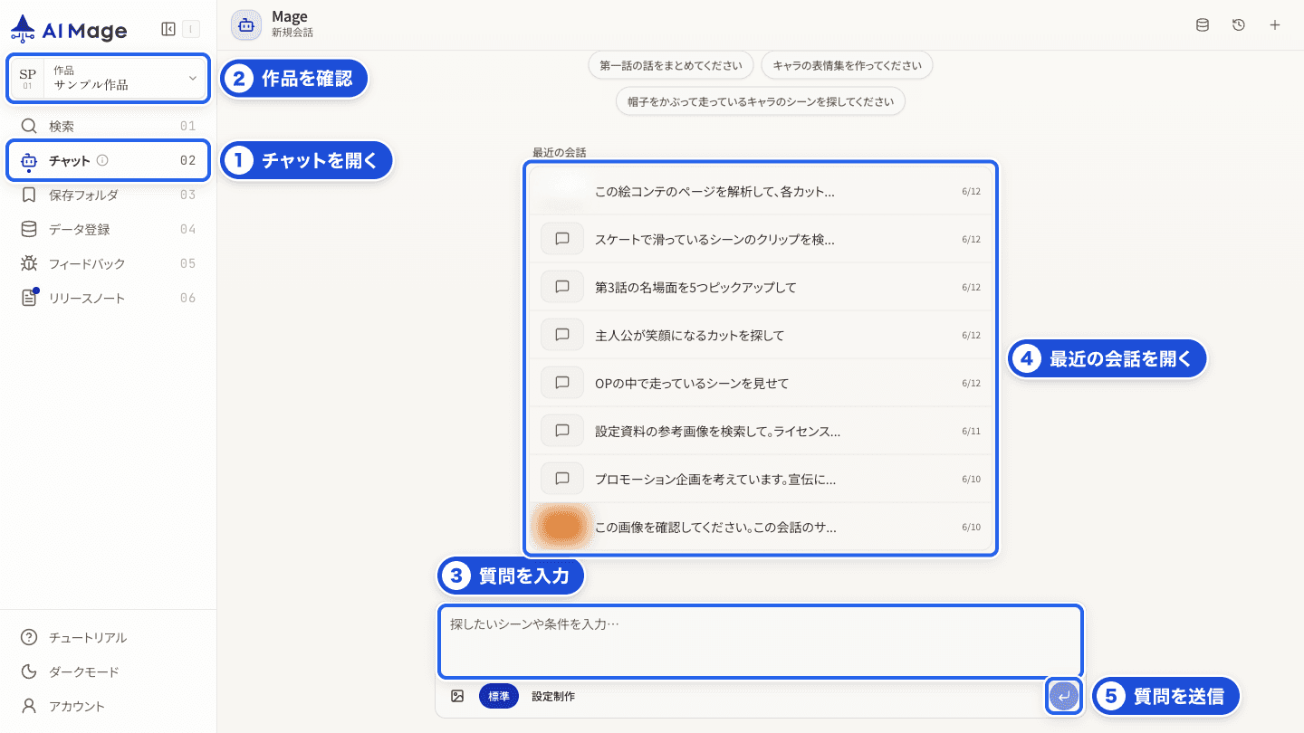 Mage Agent 画面の主要操作。サイドバーの Agent 入口、作品コンテキスト、質問入力欄、送信ボタン、最近の会話一覧に番号を付けています。